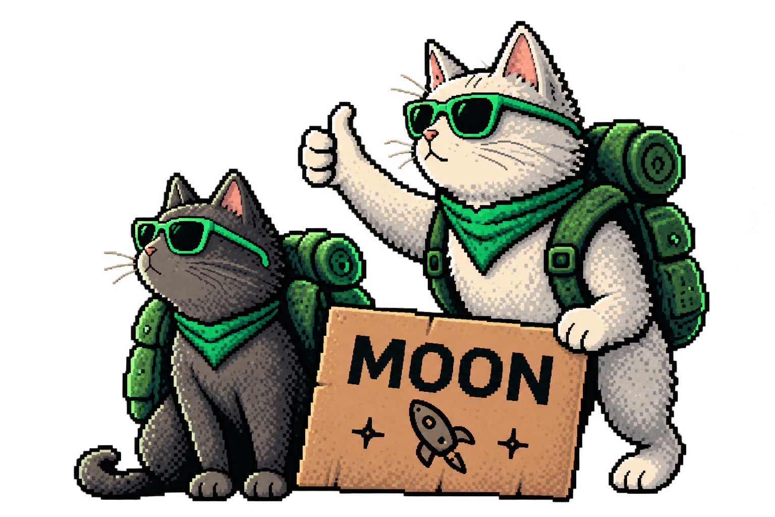 Two adventurous cats wearing green glasses and backpacks, with a sign that says Moon